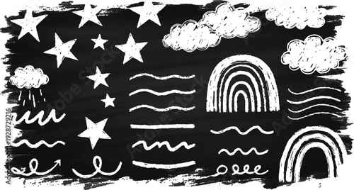 Whimsical seamless pattern with cute smiling suns clouds rainbow flowers and a character