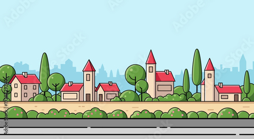 cartoon town landscape with houses and trees, flat design