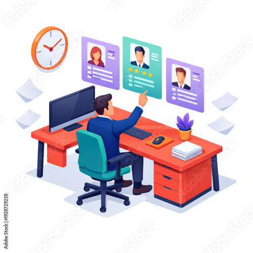 Businessman reviewing candidate profiles at modern office desk