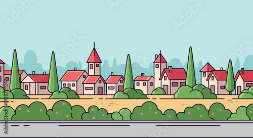 village houses with red roofs and green trees, flat design