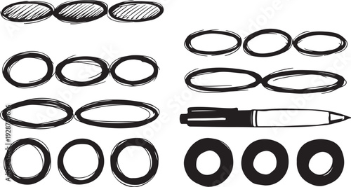 Hand drawn crayon ovals and circles. Ellipses pencil doodle style set. Red round rough thin frames. Round freehand shapes, emphasis highlights. 