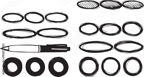 Hand drawn crayon ovals and circles. Ellipses pencil doodle style set. Red round rough thin frames. Round freehand shapes, emphasis highlights. 