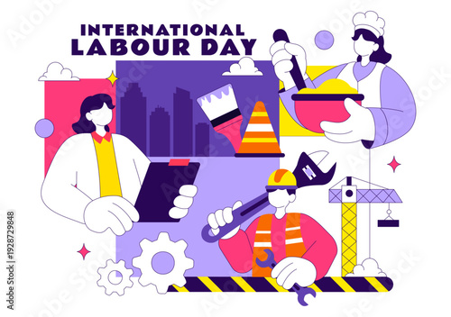 International Labour Day Vector Illustration on 1 May Featuring Diverse Professions and Appreciation Message Honoring Workers Dedication in Background