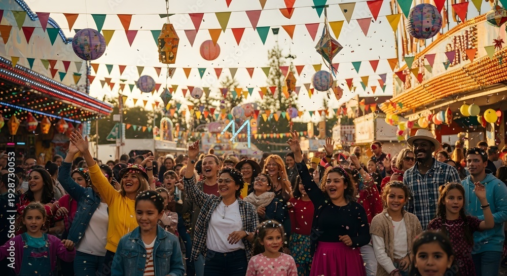 Naklejka premium A joyful scene captures a crowd of people celebrating under colorful decorations. People are gathered together in an outdoor area