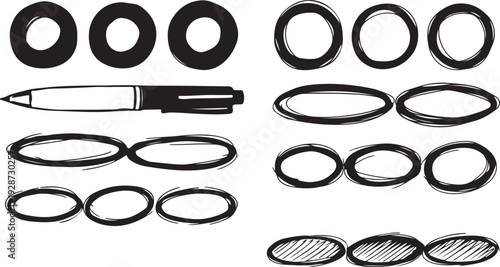 Hand drawn crayon ovals and circles. Ellipses pencil doodle style set. Red round rough thin frames. Round freehand shapes, emphasis highlights. 