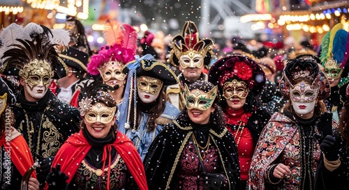 People in ornate masks and costumes gathered at a festive carnival event. Smiling individuals are seen amidst vibrant colors and elaborate attire.