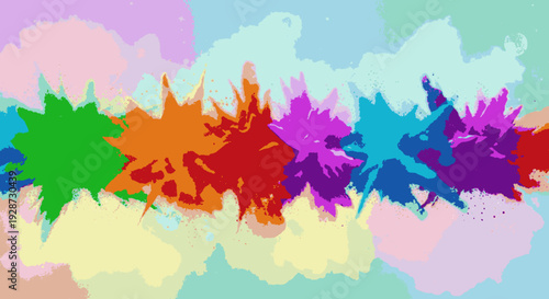 Vibrant multicolored paint splashes on pastel background with dynamic splatter effect and bright colors