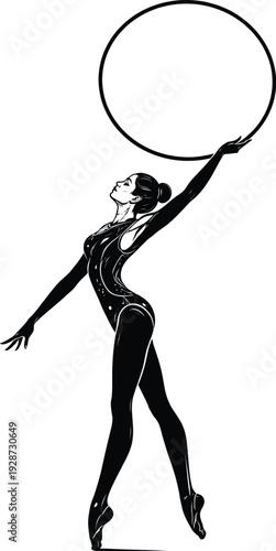 Rhythmic Gymnast with Hoop Black and White Vector Illustration