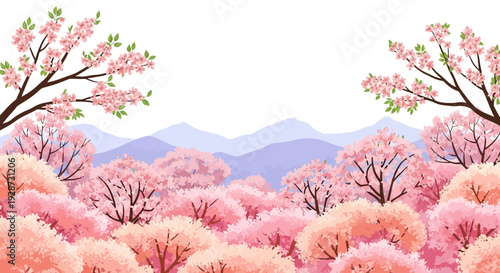 cherry blossom trees, spring landscape, mountain background