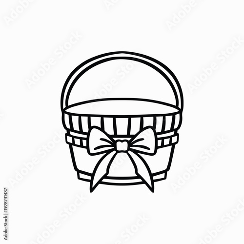 Hand Drawn Easter Basket with Ribbon Bow, Minimalist Wicker Basket Illustration