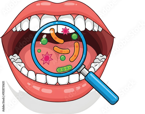 Oral Bacteria and Germs in Open Mouth with Magnifying Glass Vector Illustration