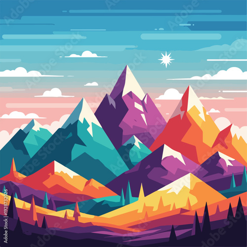 Colorful vector illustration of mountainous landscape with pixelated style