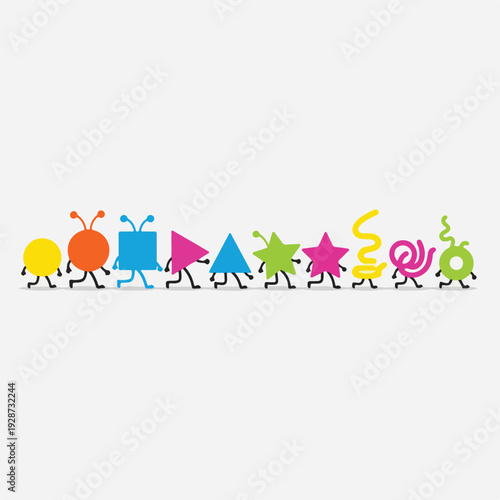 Colorful, walking shapes with arms and legs, on a white background