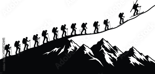 Black mountain hiking silhouette vector set with a line of climbers and skiers ascending a steep snowy peak for teamwork
