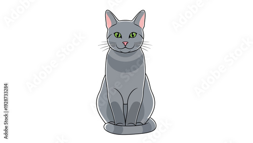 A cute cartoon grey cat with green eyes sits patiently on a white background.