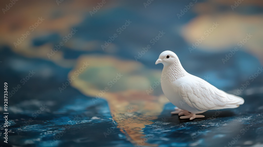 Fototapeta premium A small white dove standing on a blue and gold textured surface