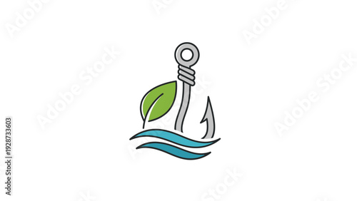 Fishing hook with a leaf and water