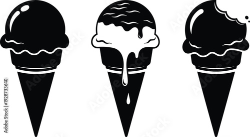 Black ice cream cone vector set with melting scoops and bite marks silhouettes isolated on white background for summer dessert design