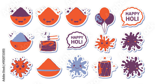 Vibrant holi celebration illustrations with colorful powders and balloons for festive designs