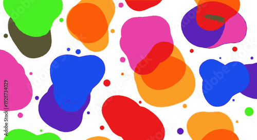 Vibrant abstract shapes in various colors and sizes on white background creating dynamic and playful visual effect with layered elements