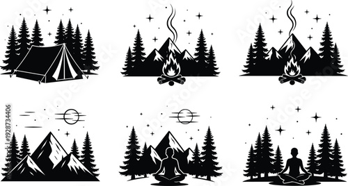 Mountain camping adventure vector set featuring campfire silhouettes, meditation yoga poses, pine forest landscapes, and starry night sky icons for logos