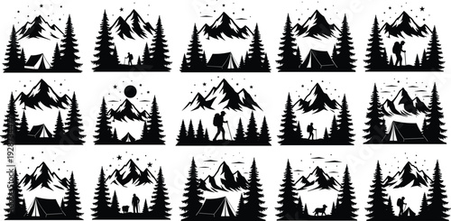Mountain camping adventure vector set with hiker silhouettes, forest pine trees, tents, campfire, and starry night sky icons for travel logos