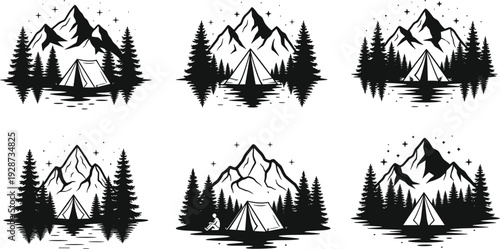 Mountain camping vector set with tent silhouettes forest pine trees lake reflections and starry night sky for adventure travel logo design