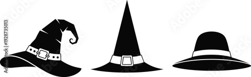 Black witch hat vector set with pointed wizard caps and buckle details isolated on white background for Halloween party graphic design