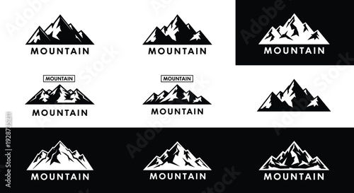 Mountain peak logo silhouette collection, rocky summit adventure emblems, outdoor travel exploration symbols, nature hiking branding, climbing icons, wilderness, badges.