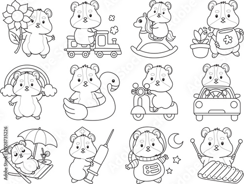 Coloring pages of Cute set of hamster sticker with activity.  Outline of hamster 
