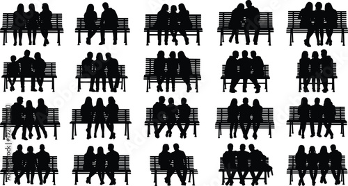 People sitting on bench silhouette set collection, friends and couples relaxing together, public park seating, social interaction, summer leisure, outdoor.