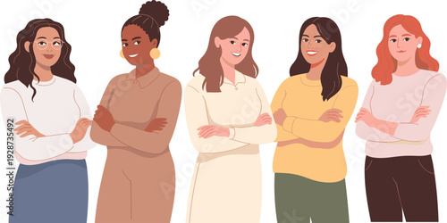 Smiling Diverse Women Standing Together with Folded Arms Modern Female Friendship Empowerment Lifestyle Vector Illustration Set Design