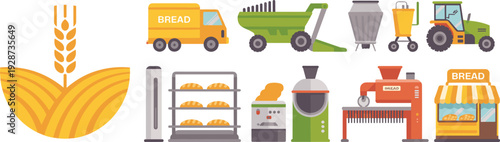 Bread production process illustration showing wheat harvest, bakery equipment, agricultural machinery, delivery truck, and retail bakery shop