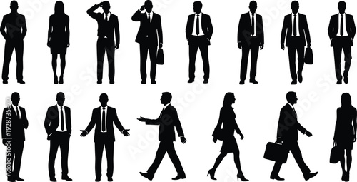 Black business people silhouette set with businessmen and businesswomen in suits standing walking and talking for corporate and professional office designs