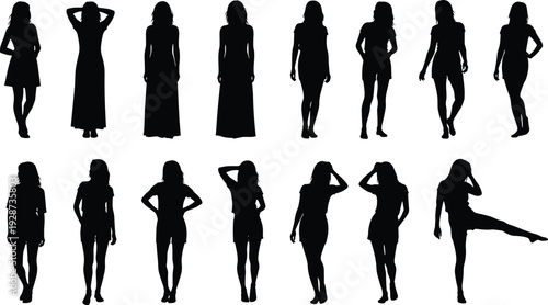 Black woman silhouette set with diverse female fashion poses including standing walking and posing for beauty lifestyle and casual designs
