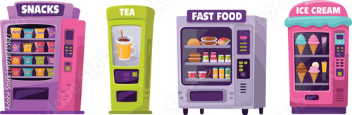 Cartoon Vending Machines Collection Featuring Snacks, Tea, Fast Food, and Ice Cream Dispensers for Commercial Retail Illustration