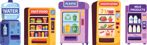Cartoon Vending Machines Featuring Water, Fast Food, Plastic Recycling, Healthy Eating and Milk Products Retail Illustration