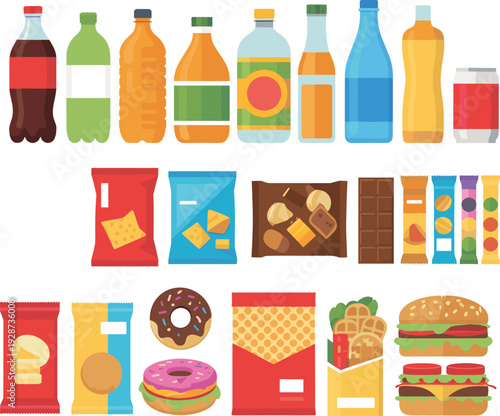 Colorful fast food and beverage vector illustration set with snacks, soda bottles, chips, chocolate, burgers isolated background