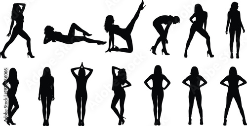 Black woman silhouette set with diverse female fashion poses including standing sitting and stretching for beauty lifestyle and fitness designs