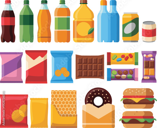 Colorful Junk Food and Beverage Illustration Featuring Soda Bottles, Snack Packs, Chocolate Bars, Donut and Burgers Vector Set
