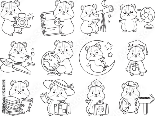 Coloring pages of Cute set of hamster sticker with activity.  Outline of hamster 