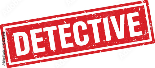 Red detective stamp with bold white text