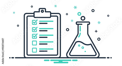 Scientific lab checklist and beaker illustration representing experiment planning, analysis, and laboratory work.