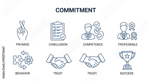 Abstract infographic illustrating commitment concepts with icons and stylized figures and hands.