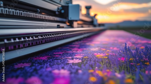 Large Format Printer Printing a Colorful Landscape Image at Sunset.