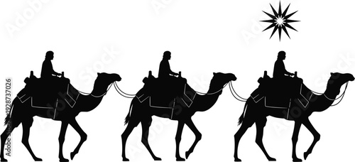 Black silhouette set of Three Wise Men riding camels following the star of Bethlehem for Christmas nativity and religious designs