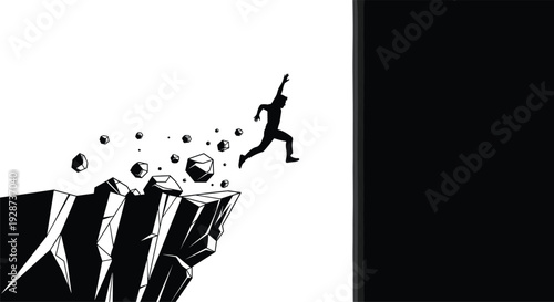 Black silhouette of man jumping over cliff gap with falling rocks for business risk challenge courage and success concept designs
