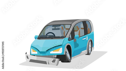 Separate layer of damage mini van car blue color. Car front bumper was damaged. The front wheel came off and the tire was flat. Show inside car. On isolated white background.