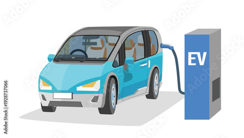 Separate layer of travel mini van car blue color. Top of car with roof rack and luggage cover for travel or trips. Show inside car. On isolated white background.
