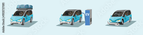 Separate layer group of three forms of mini van car. One for travel with rack. Two electric cars. And three damage car.  On isolated soft blue background.